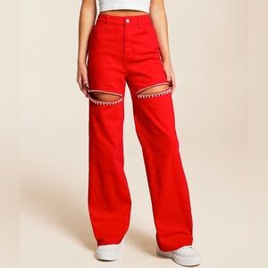 A. Peach Red Rhinestone Cutout Wide Leg Jeans | Buckle